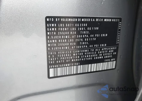 2021 Volkswagen Tiguan 2.0T Sel Premium R-Line z USA, uszkodzony, nr VIN 3VV4B7AX6MM151901